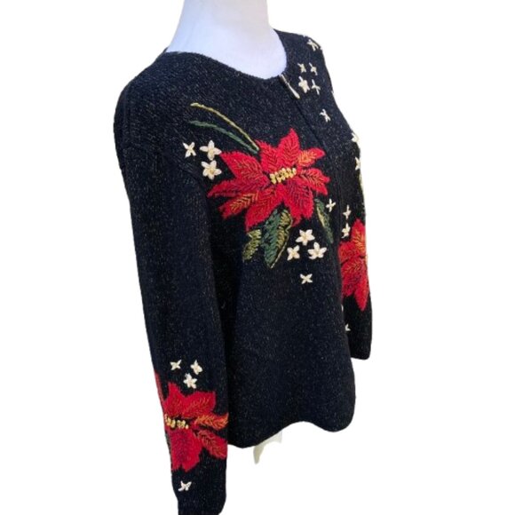 Talbots Silk Cardigan Poinsetta Embroidered Full Zip Festive Holiday, size Large - Picture 3 of 11